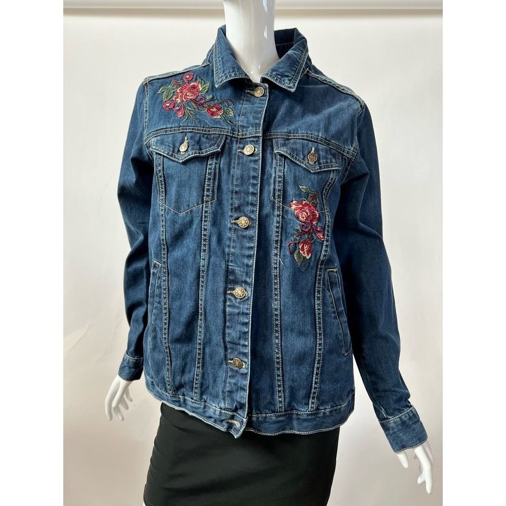 The Skyline Collection Womens Jean Jacket Blue Floral Embroidery Pockets Denim S